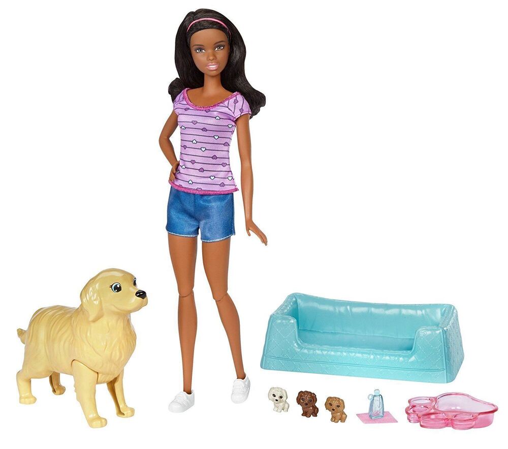 Barbie Newborn Pups Doll & Pets Playset, Brunette FDD44